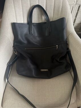 Black Leather Tote with Front and Back  Zip Pocket